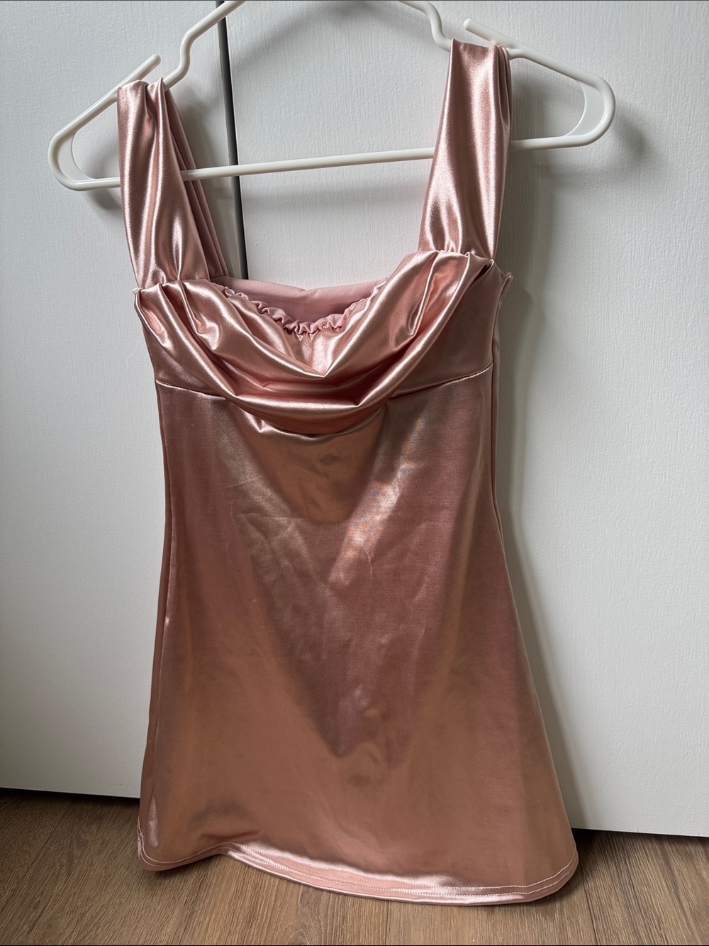 Satin Rose Gold Cowl Neck Mini Dress